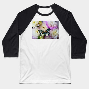 Butterfly On White And Purple Dahlias Baseball T-Shirt